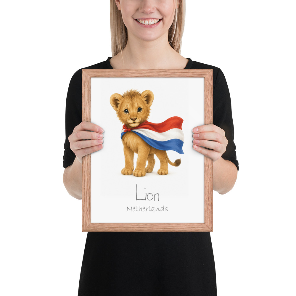 Lion Netherlands national animal framed print, red oak frame 11×14