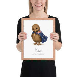 Kiwi New Zealand national animal framed print, red oak frame 11×14