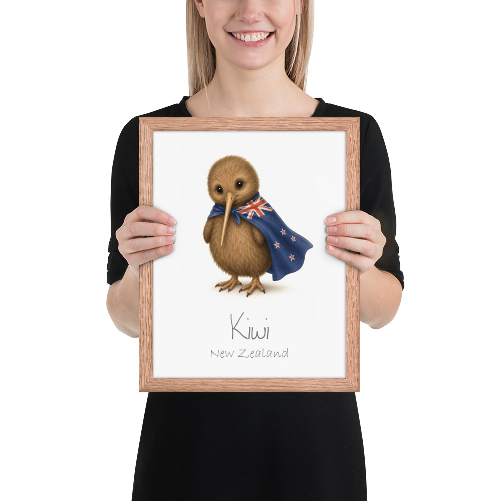 Kiwi New Zealand national animal framed print, red oak frame 11×14
