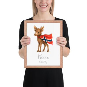 Moose Norway national animal framed print, red oak frame 11×14