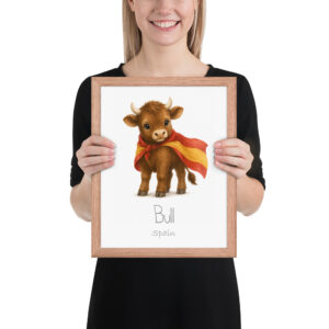 Bull Spain national animal framed print, red oak frame 11×14