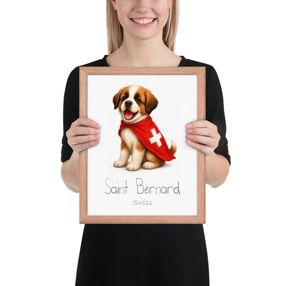 Saint Bernard Switzerland national animal framed print, red oak frame 11×14