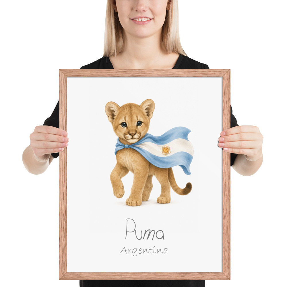 Puma Argentina national animal framed print, red oak frame 16×20