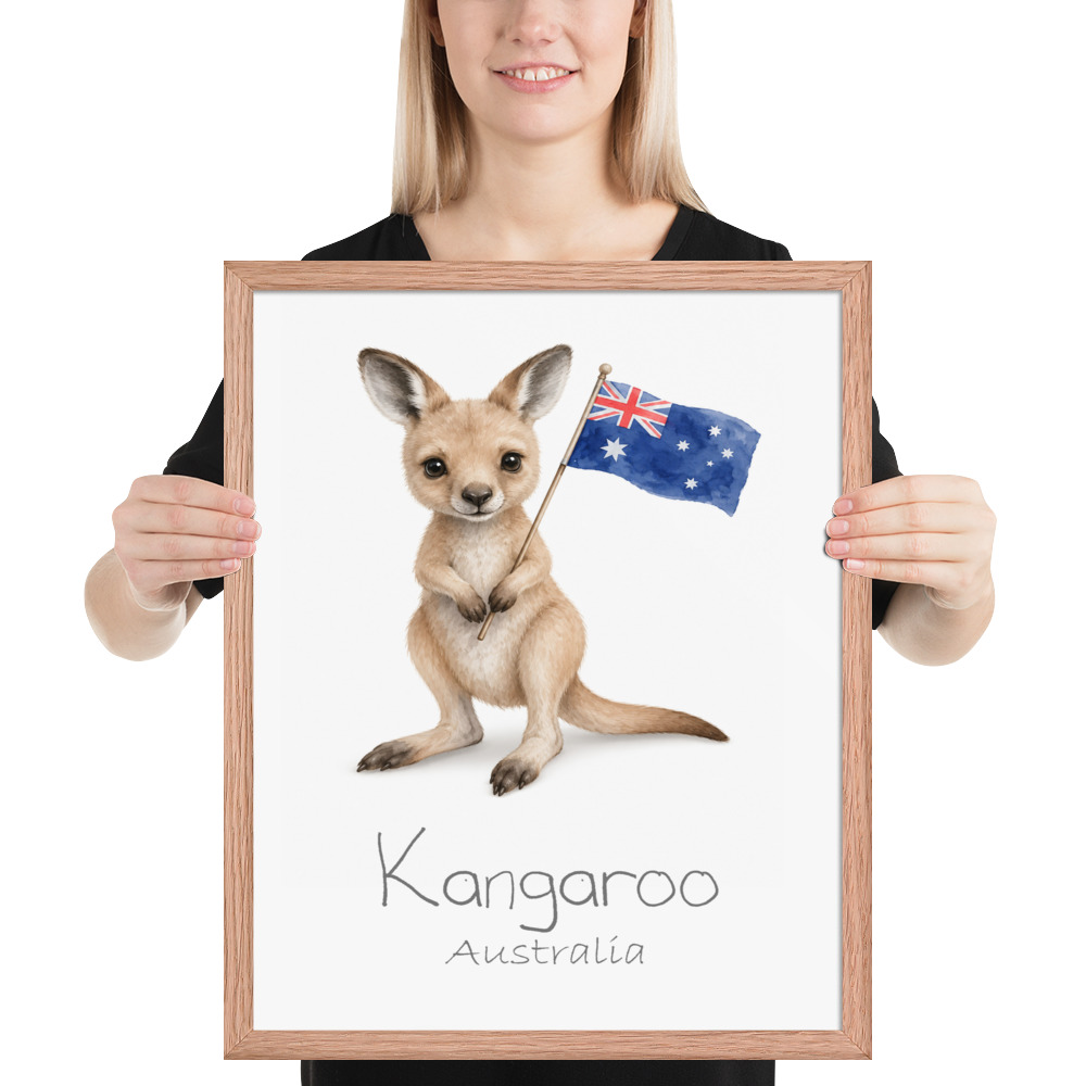 Kangaroo Australia national animal framed print, red oak frame 16×20