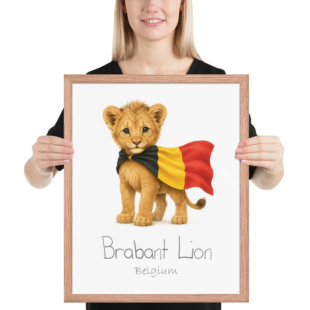Brabant Lion Belgium national animal framed print, red oak frame 16×20