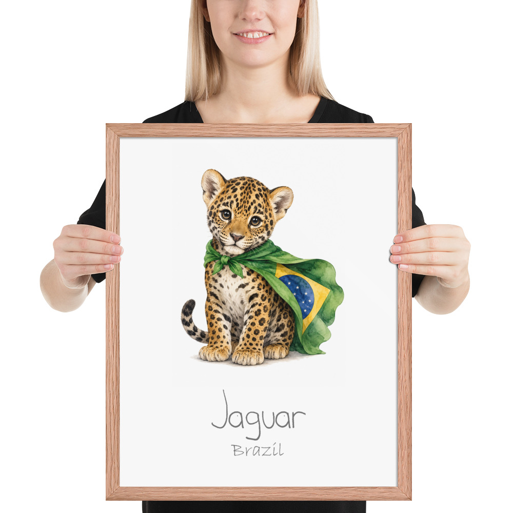 Jaguar Brazil national animal framed print, red oak frame 16×20