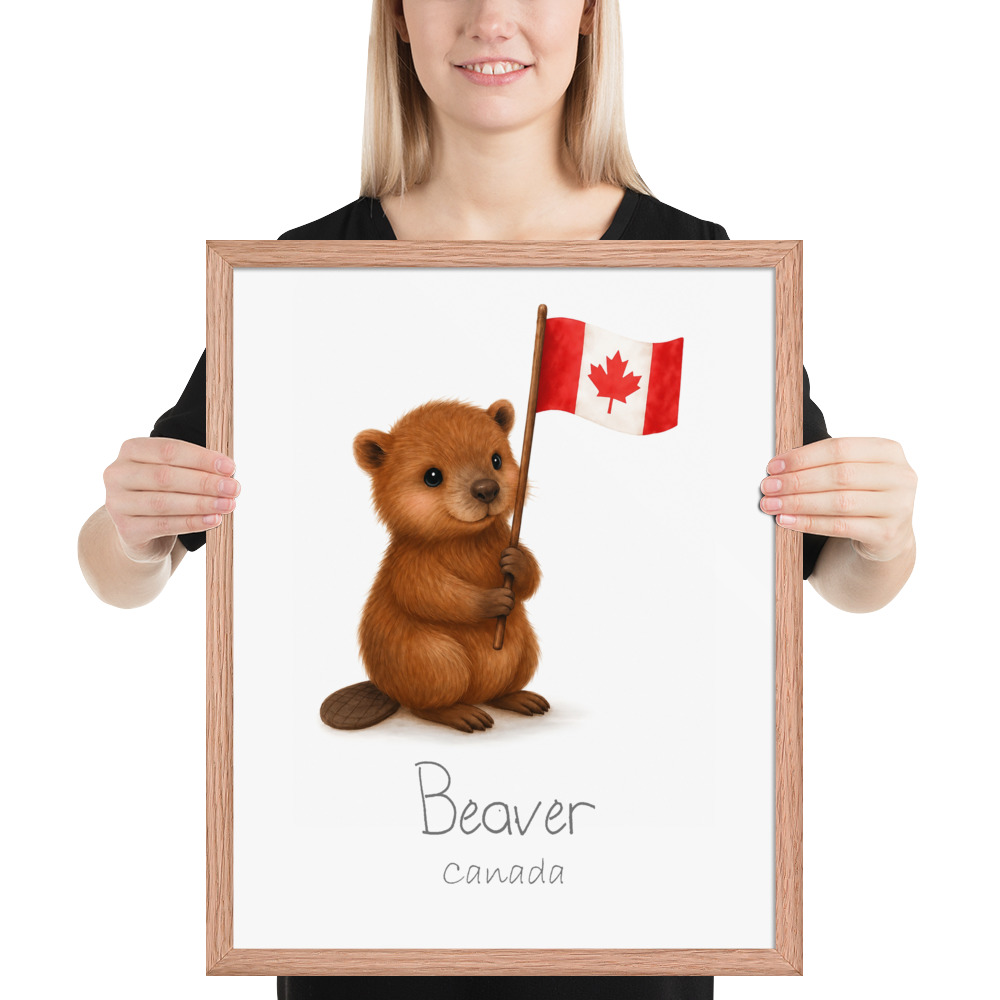 Beaver Canada national animal framed print, red oak frame 16×20