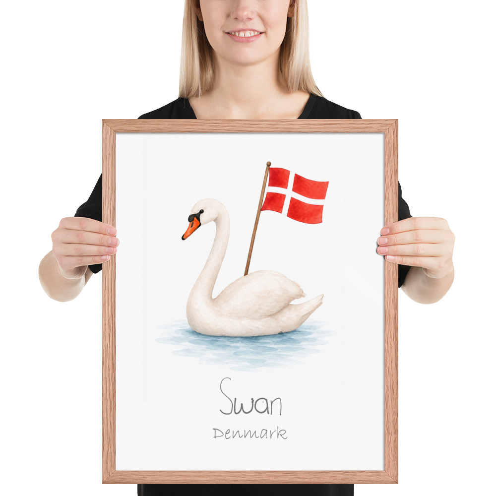 Swan Denmark national animal framed print, red oak frame 16×20