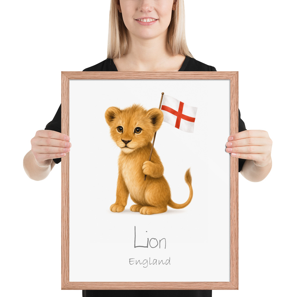 Lion England national animal framed print, red oak frame 16×20
