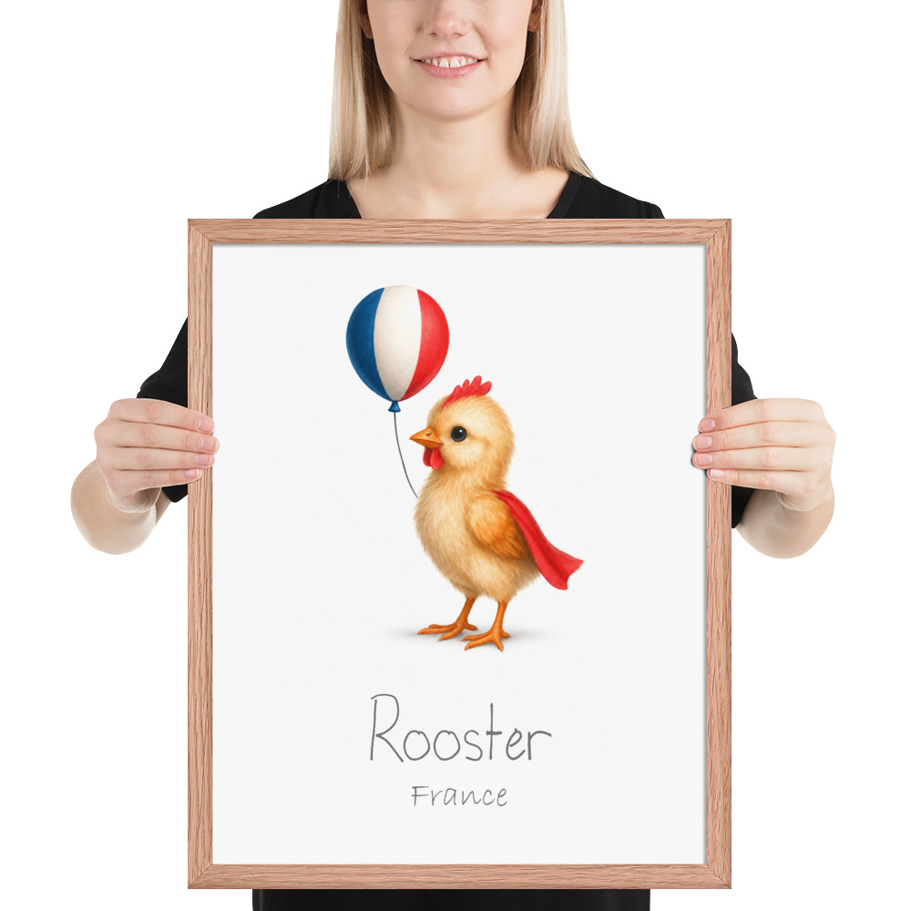 Rooster France national animal framed print, red oak frame 16×20