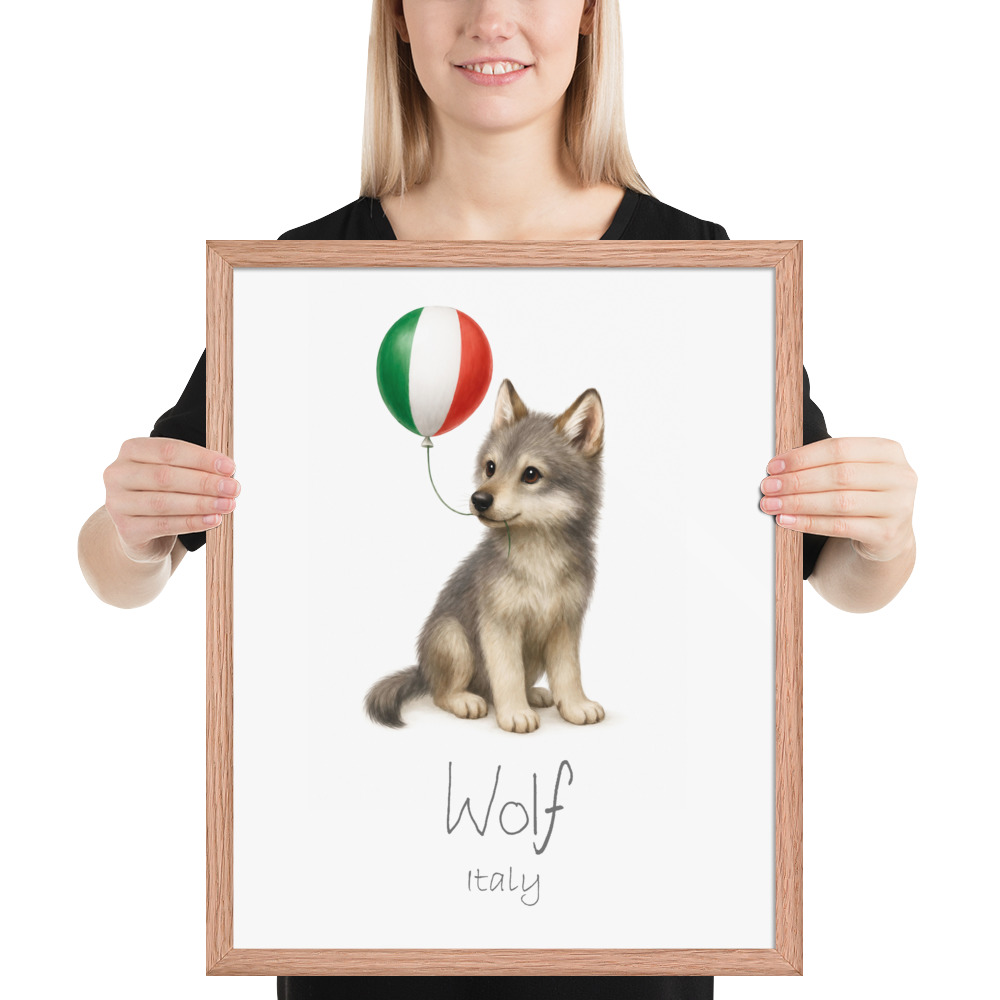 Wolf Italy national animal framed print, red oak frame 16×20
