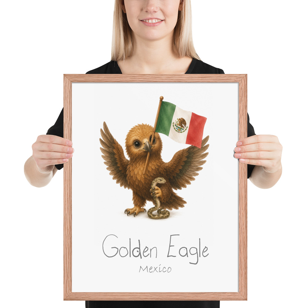 Golden Eagle Mexico national animal framed print, red oak frame 16×20
