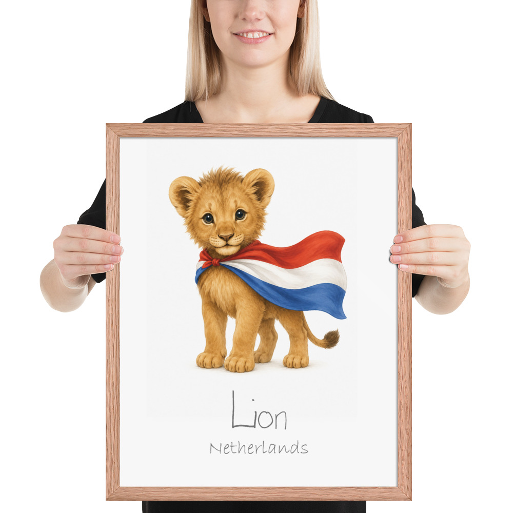 Lion Netherlands national animal framed print, red oak frame 16×20