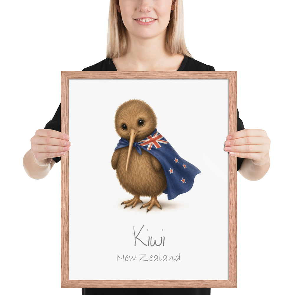 Kiwi New Zealand national animal framed print, red oak frame 16×20
