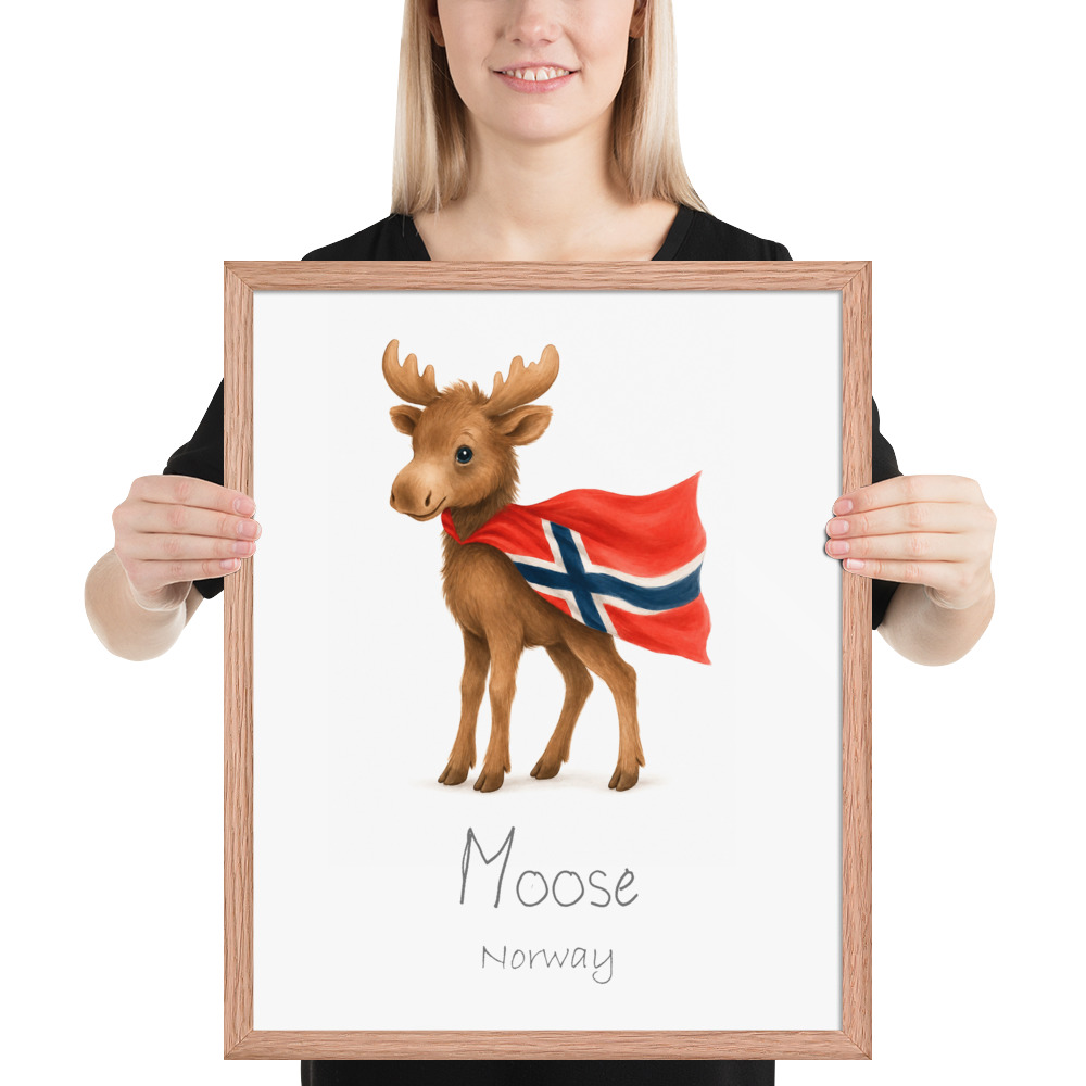 Moose Norway national animal framed print, red oak frame 16×20