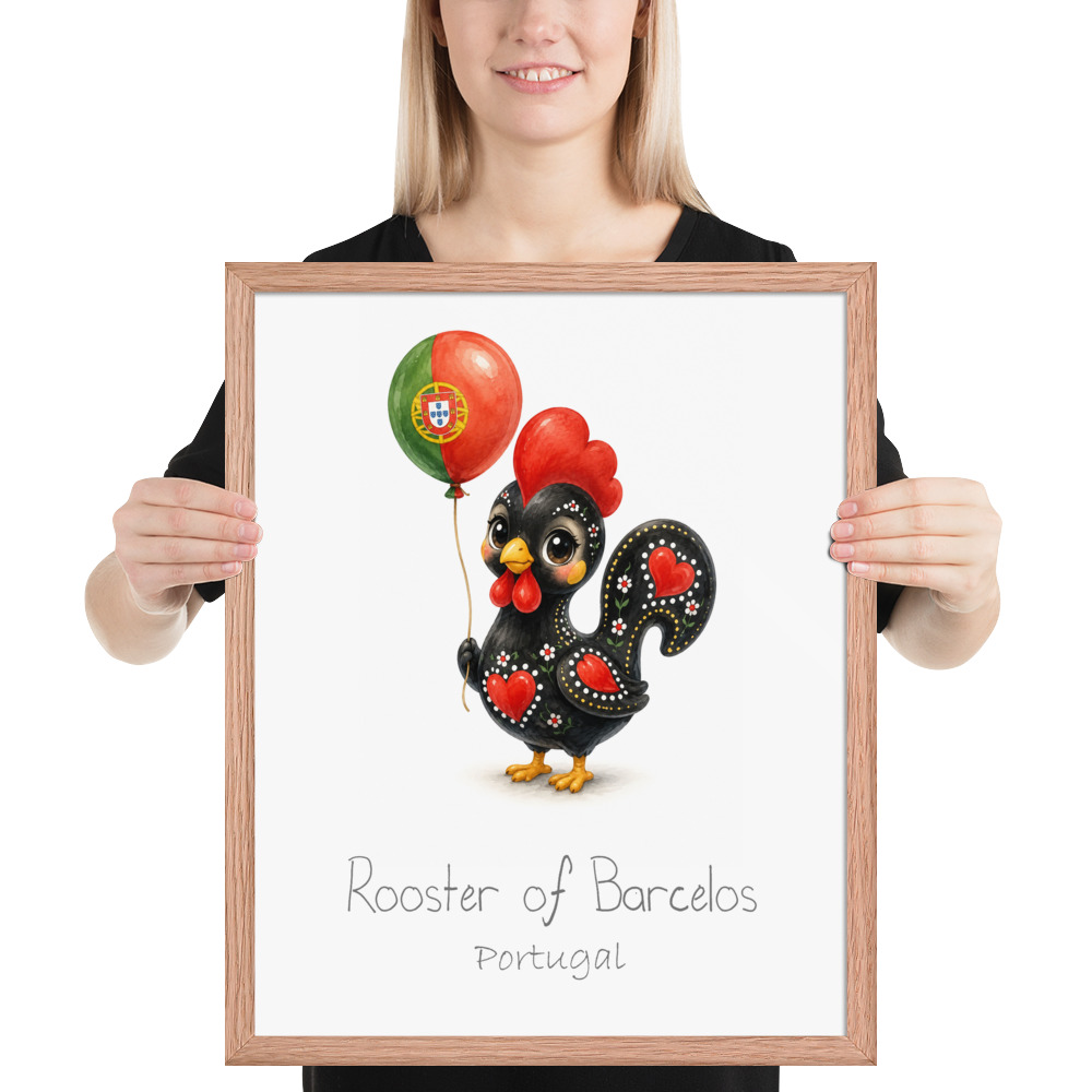 Rooster of Barcelos Portugal national animal framed print, red oak frame 16×20