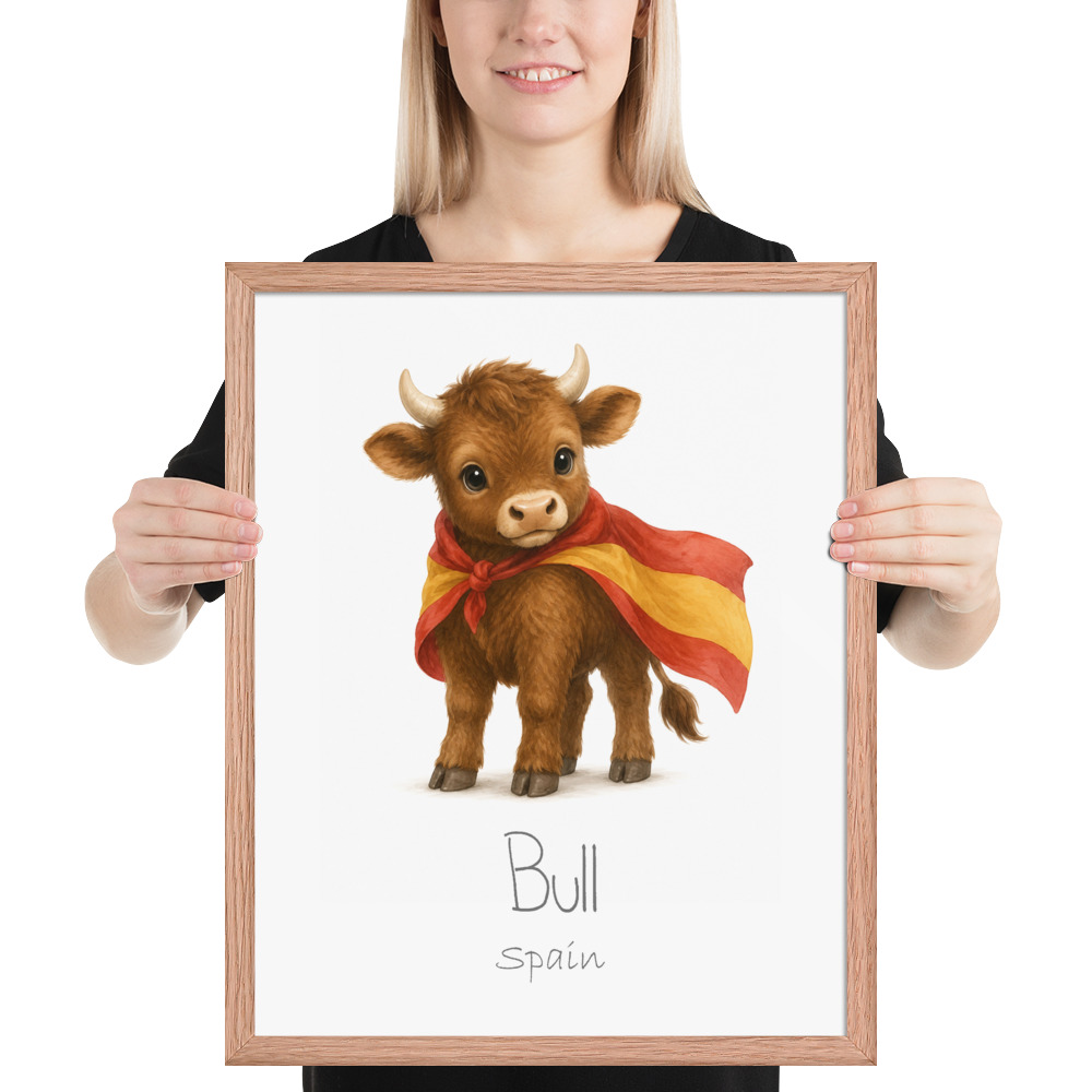 Bull Spain national animal framed print, red oak frame 16×20