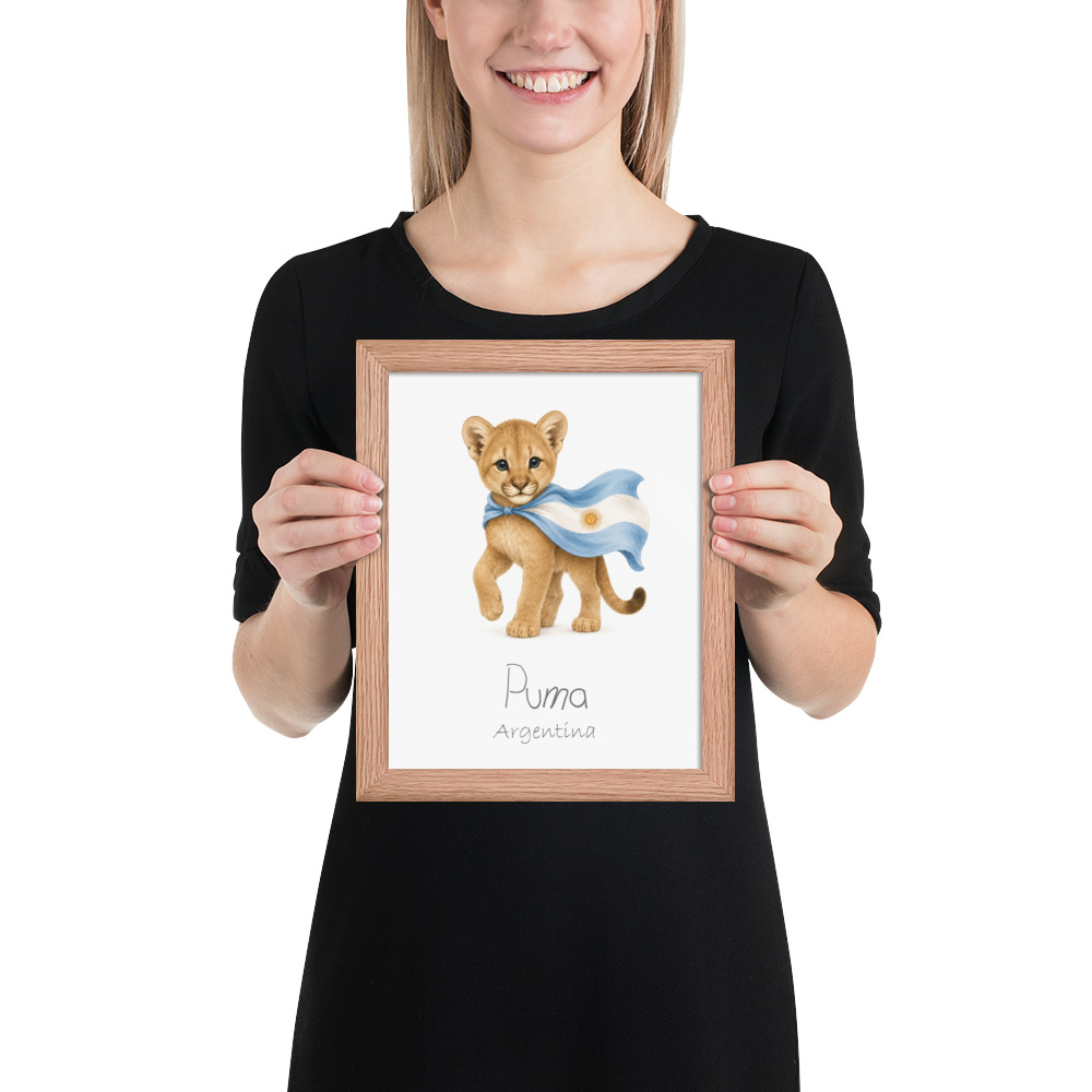 Puma Argentina national animal framed print, red oak frame 8×10