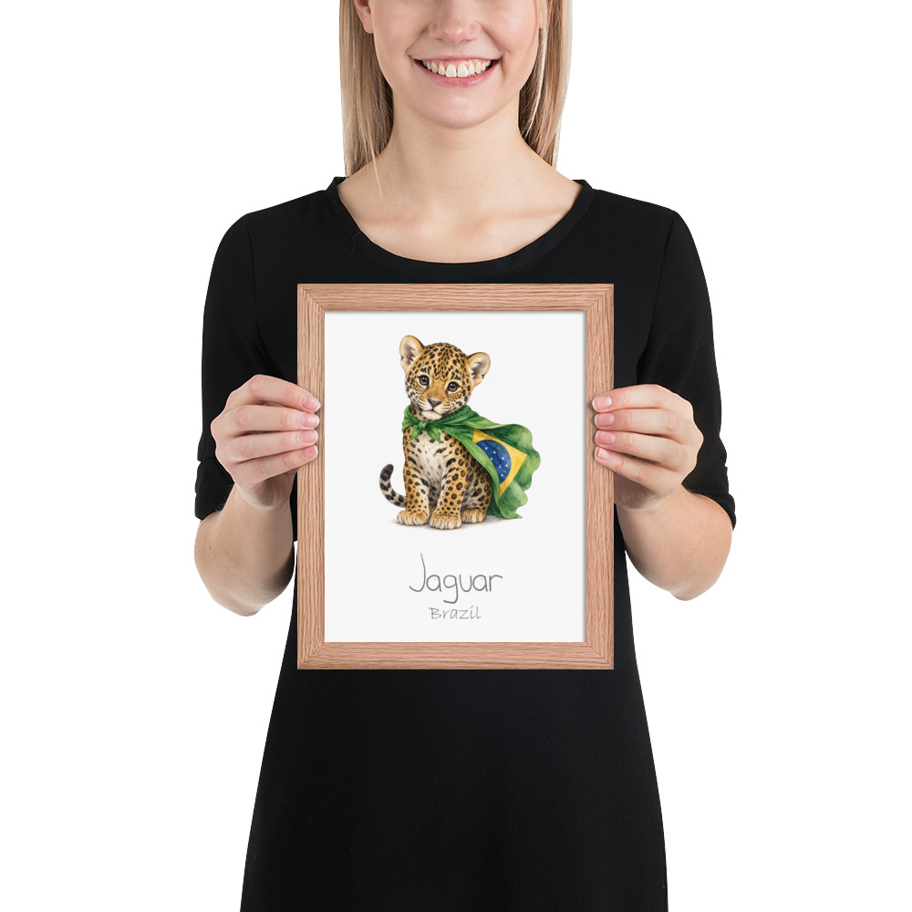 Jaguar Brazil national animal framed print, red oak frame 8×10