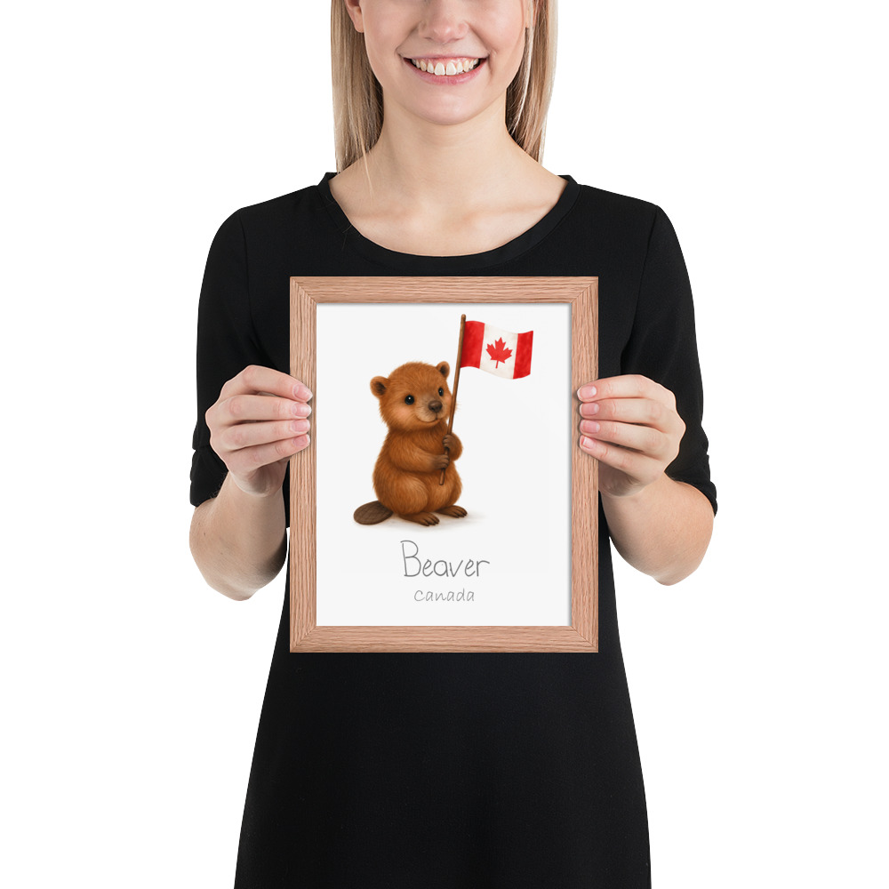 Beaver Canada national animal framed print, red oak frame 8×10