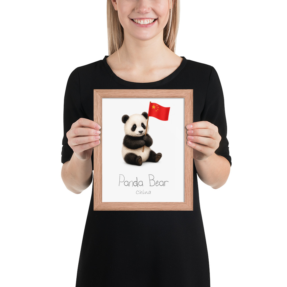 Panda Bear China national animal framed print, red oak frame 8×10