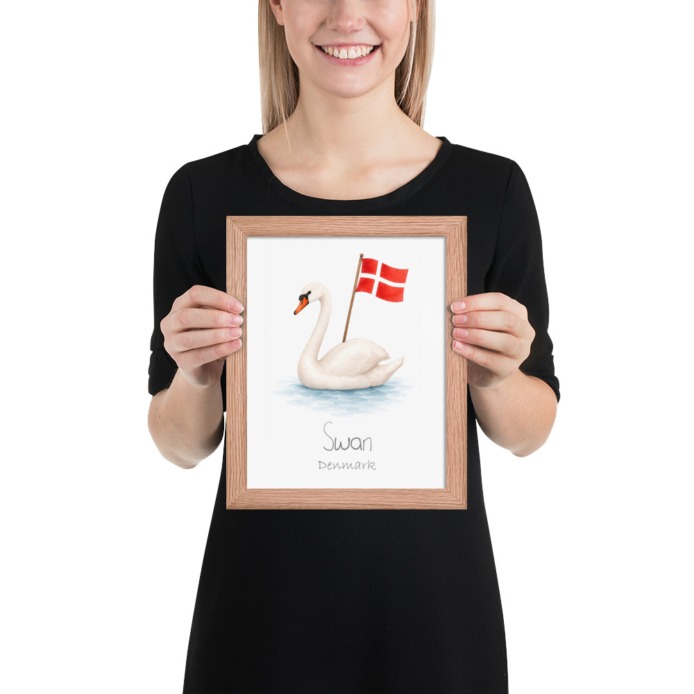 Swan Denmark national animal framed print, red oak frame 8×10