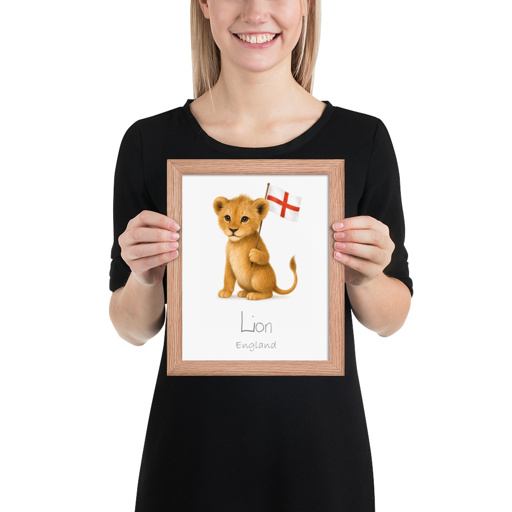 Lion England national animal framed print, red oak frame 8×10