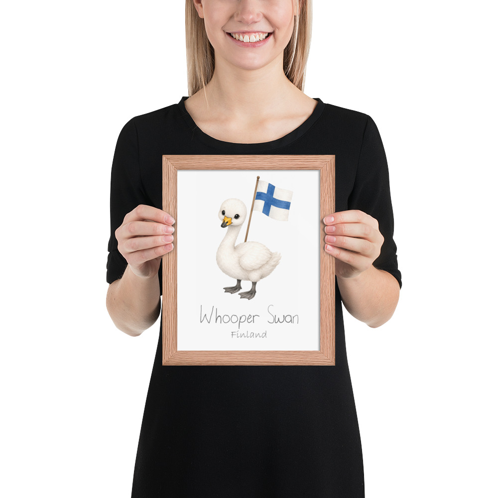 Whooper Swan Finland national animal framed print, red oak frame 8×10