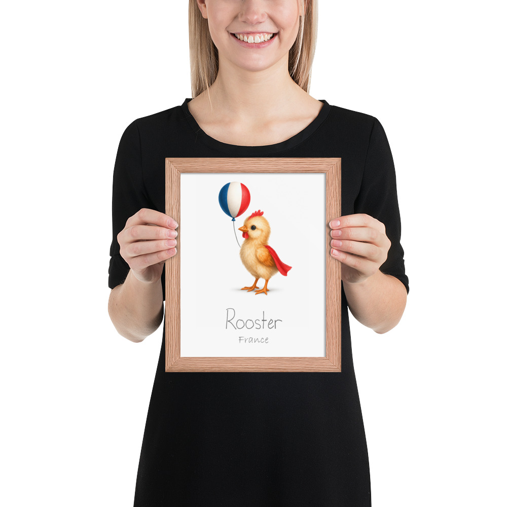 Rooster France national animal framed print, red oak frame 8×10