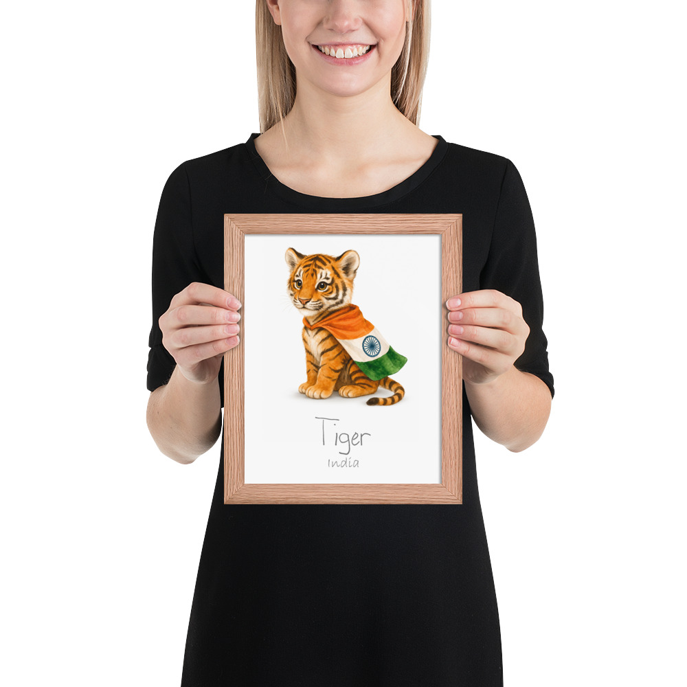 Tiger India national animal framed print, red oak frame 8×10