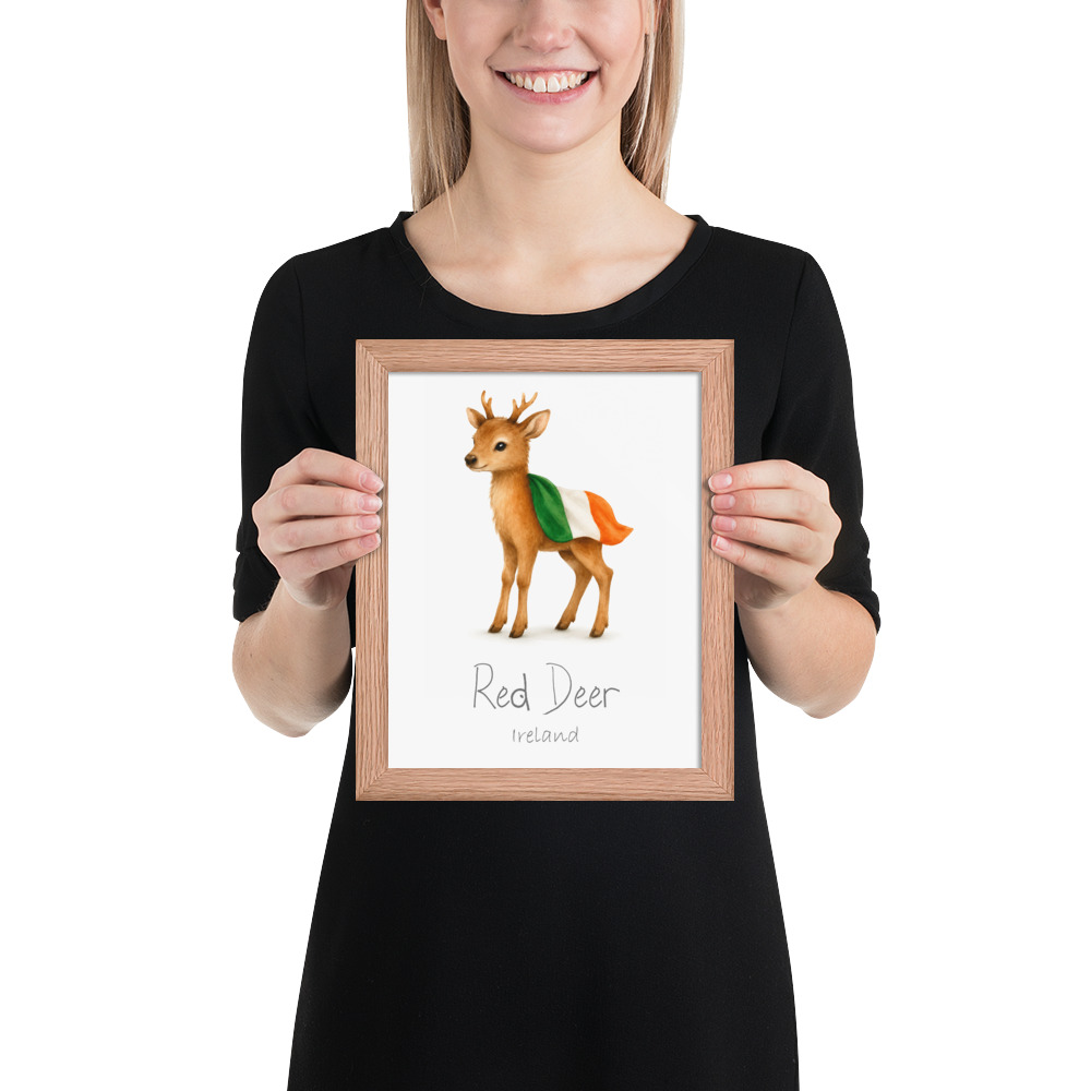 Red Deer Ireland national animal framed print, red oak frame 8×10