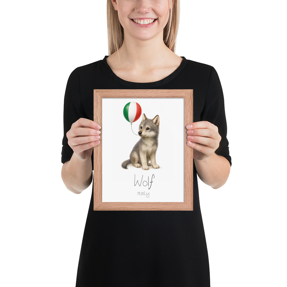 Wolf Italy national animal framed print, red oak frame 8×10