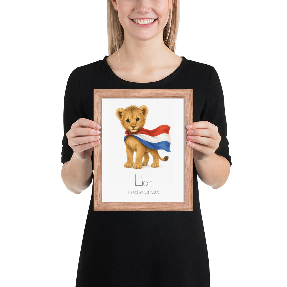 Lion Netherlands national animal framed print, red oak frame 8×10
