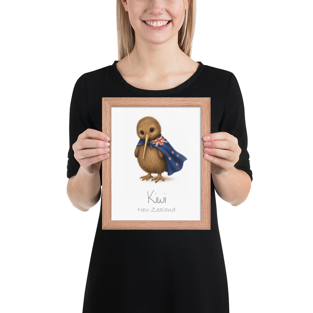 Kiwi New Zealand national animal framed print, red oak frame 8×10