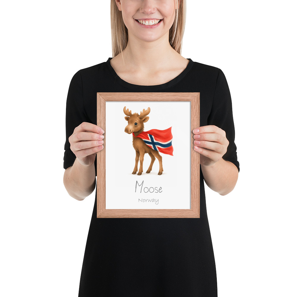 Moose Norway national animal framed print, red oak frame 8×10