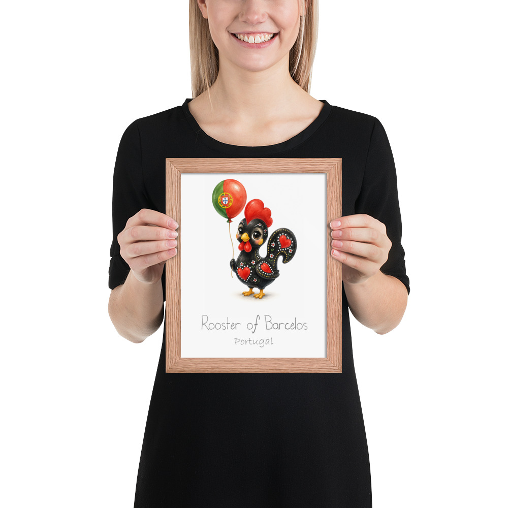 Rooster of Barcelos Portugal national animal framed print, red oak frame 8×10