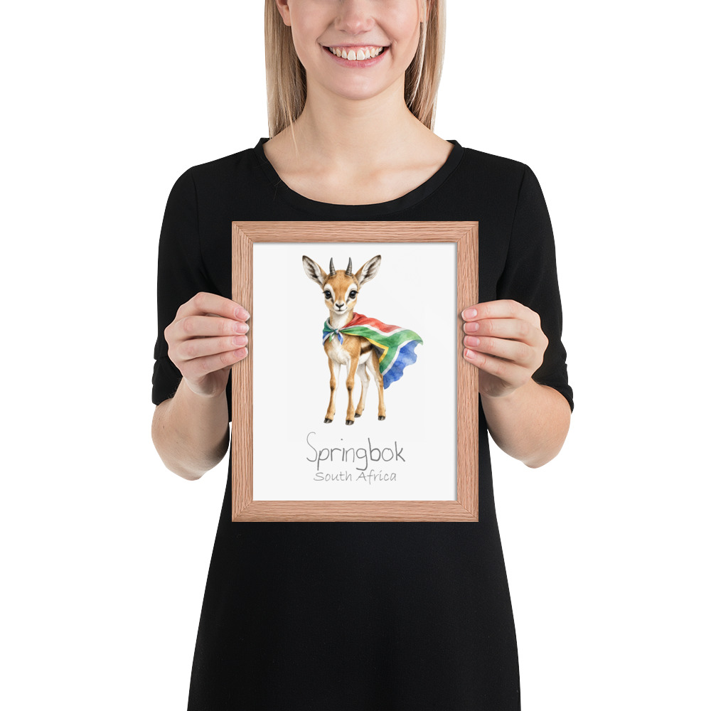 Springbok South Africa national animal framed print, red oak frame 8×10