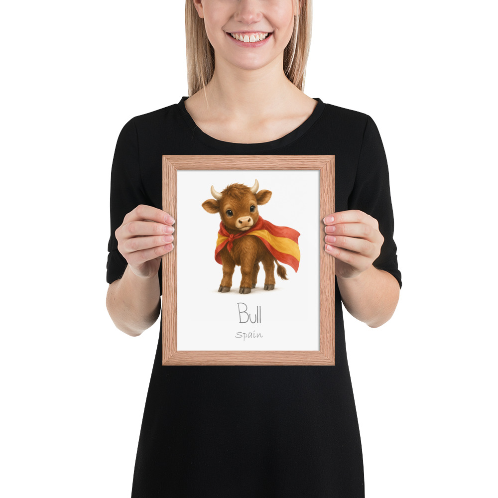 Bull Spain national animal framed print, red oak frame 8×10