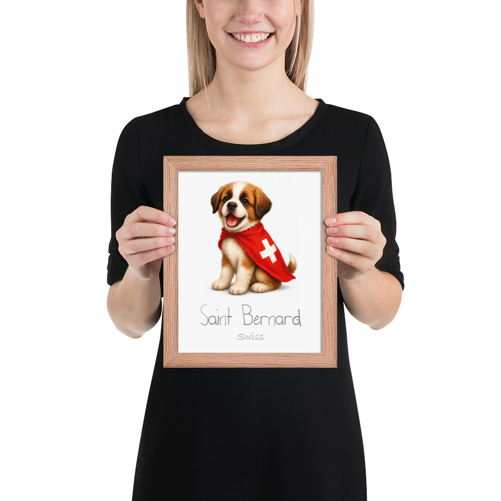 Saint Bernard Switzerland national animal framed print, red oak frame 8×10
