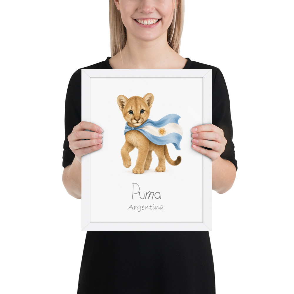 Puma Argentina national animal framed print, white frame 11×14
