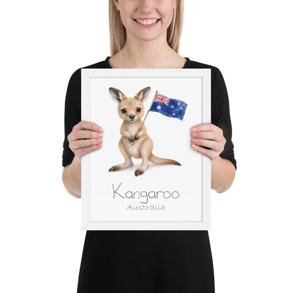 Kangaroo Australia national animal framed print, white frame 11×14