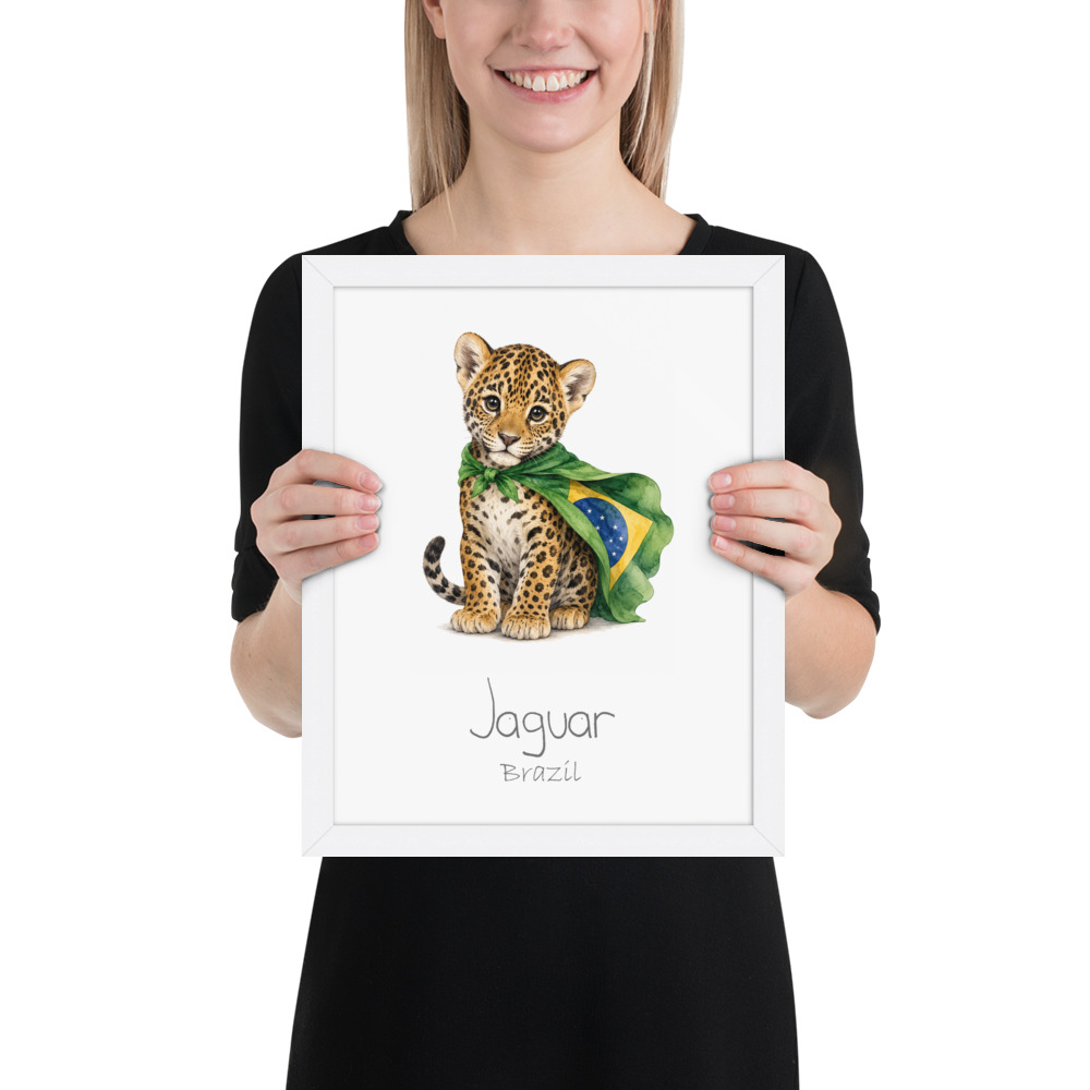 Jaguar Brazil national animal framed print, white frame 11×14