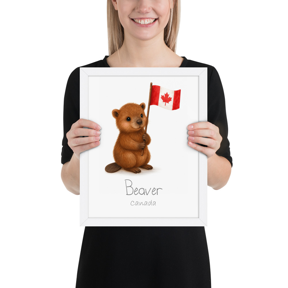 Beaver Canada national animal framed print, white frame 11×14