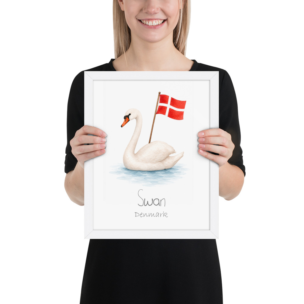 Swan Denmark national animal framed print, white frame 11×14