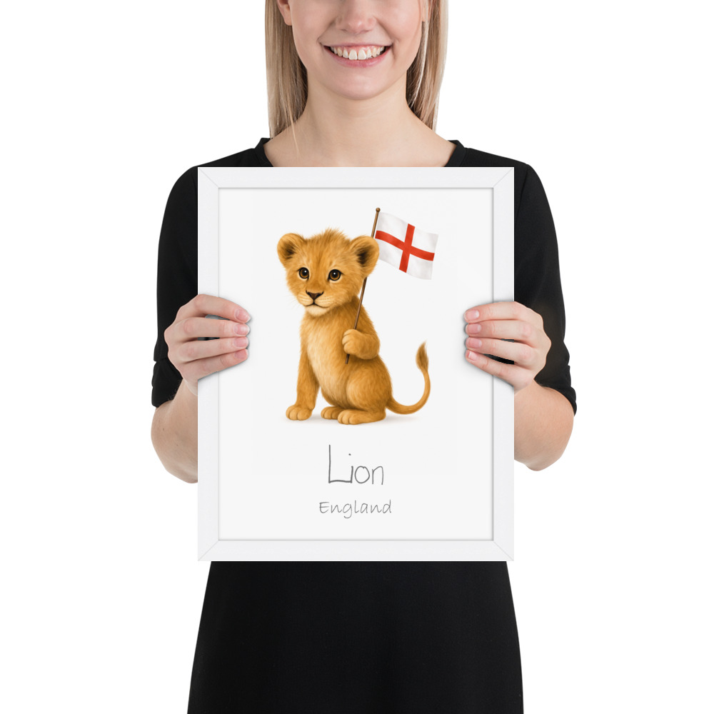 Lion England national animal framed print, white frame 11×14