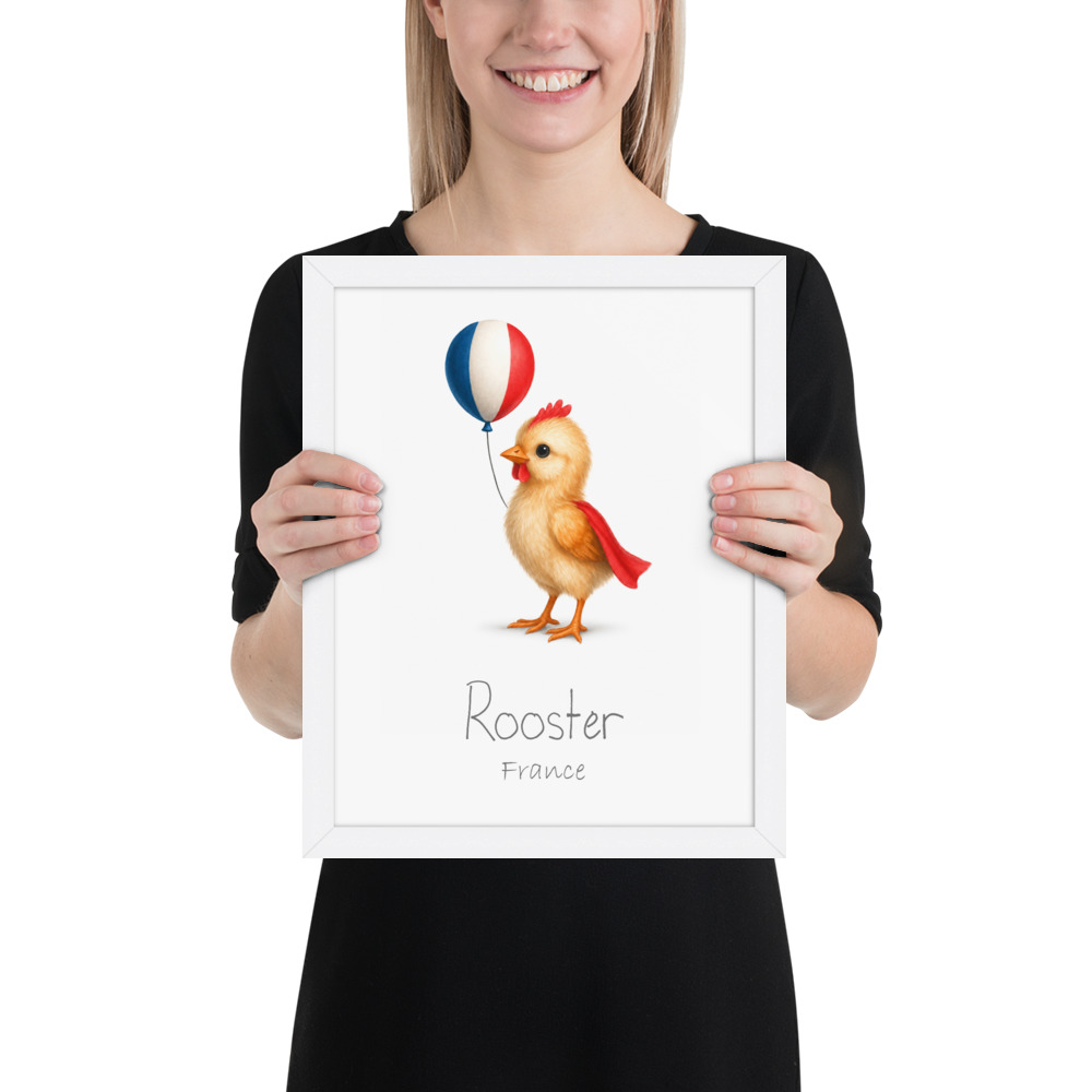 Rooster France national animal framed print, white frame 11×14