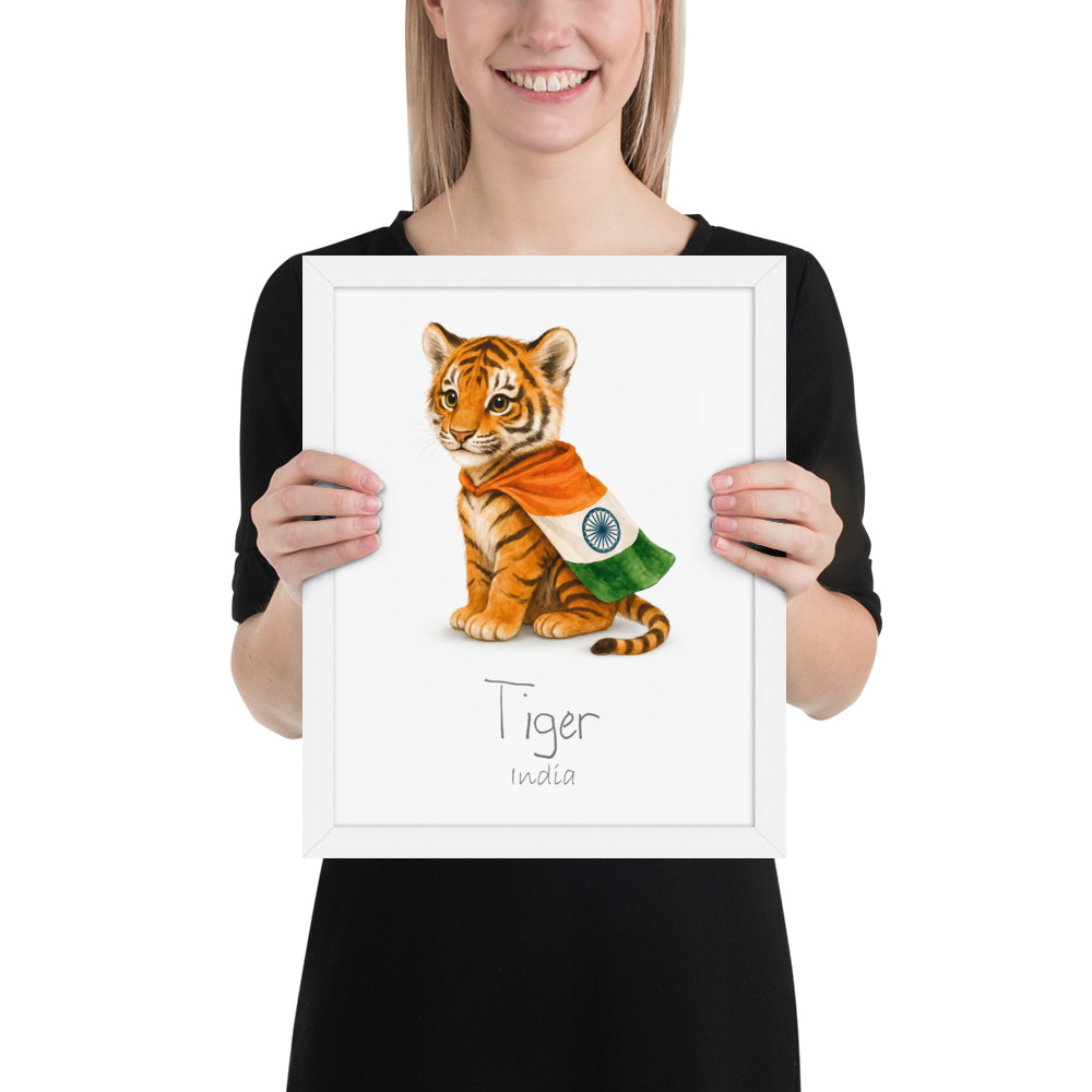 Tiger India national animal framed print, white frame 11×14