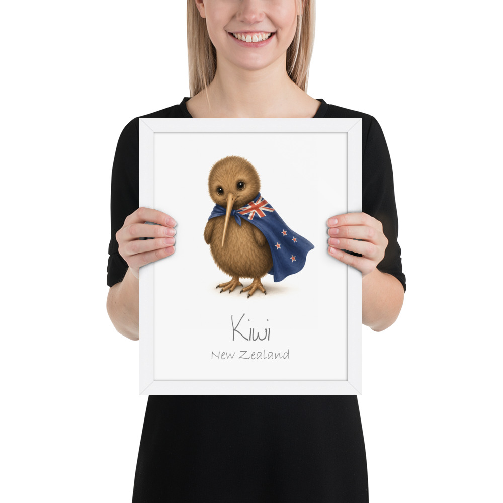 Kiwi New Zealand national animal framed print, white frame 11×14