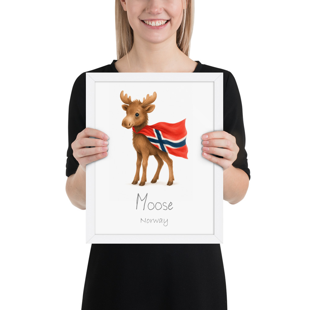 Moose Norway national animal framed print, white frame 11×14