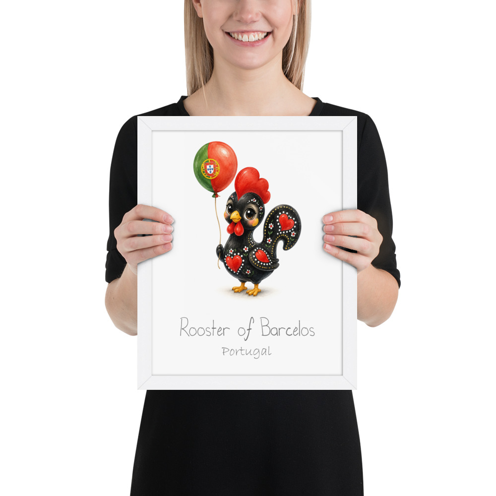 Rooster of Barcelos Portugal national animal framed print, white frame 11×14